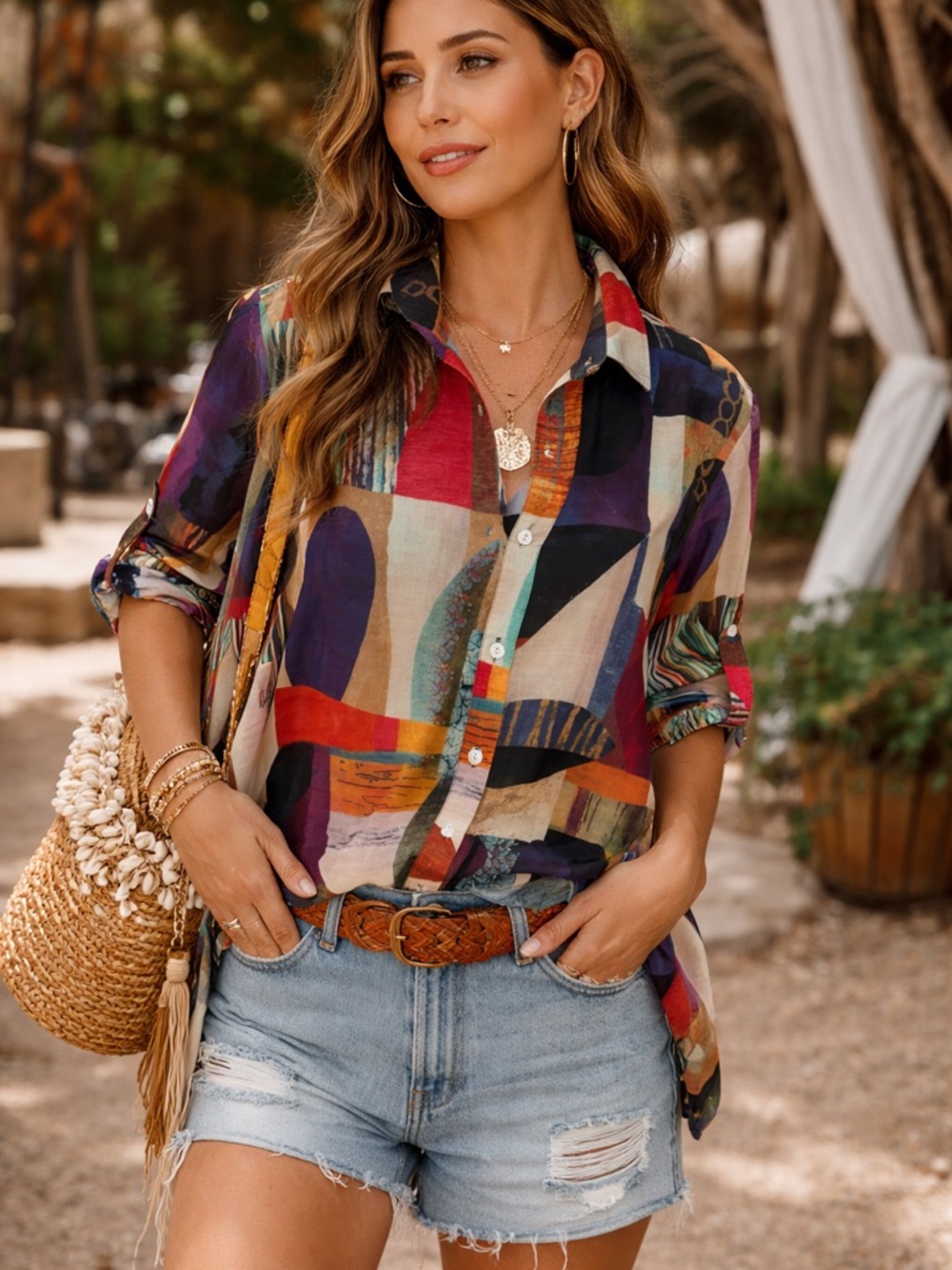 Women's Multicolor Abstract bohemian Button-Down Shirt
